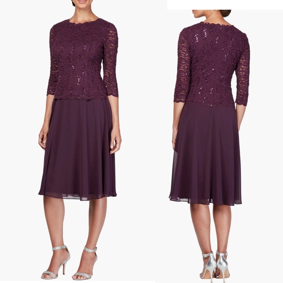 Alex Evenings Wedding Alex's Sequined Lace Contrast Midi Dress Deep Plum Size 16 - Picture 1 of 16